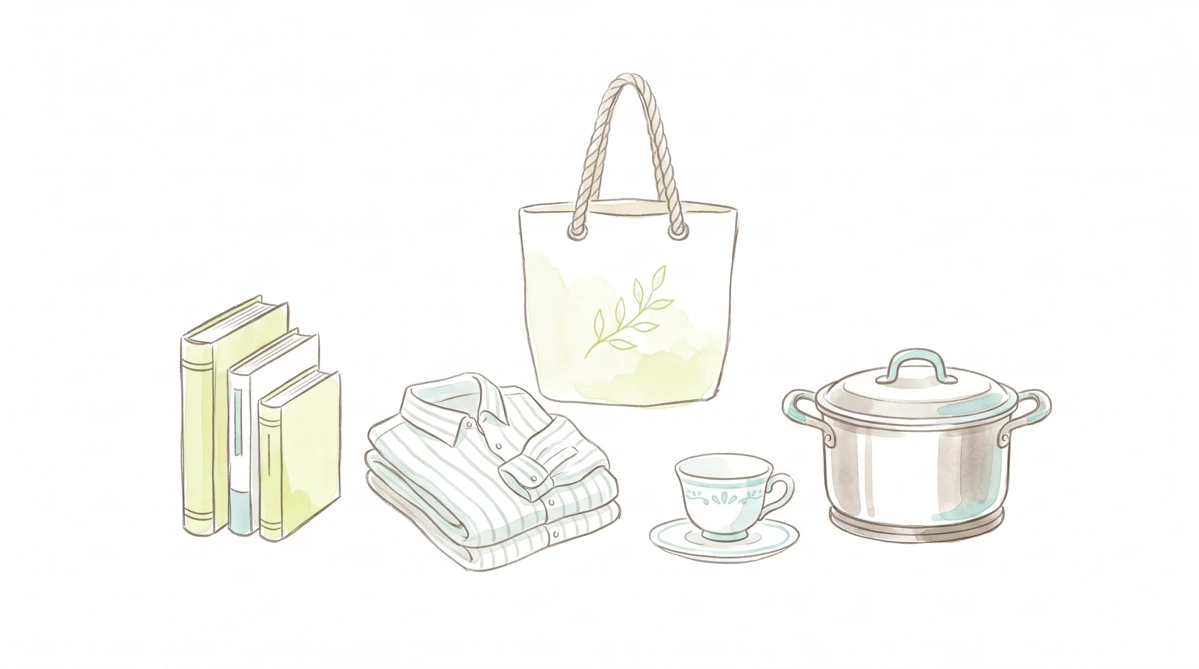 次の使い手につなぐ本、衣類、バッグ、食器、台所用品のイラスト